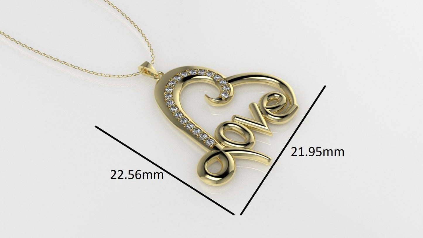 14K Gold Pendant with 20 Diamonds, "STT: Prong" Heart and Love style, Cut Chanel