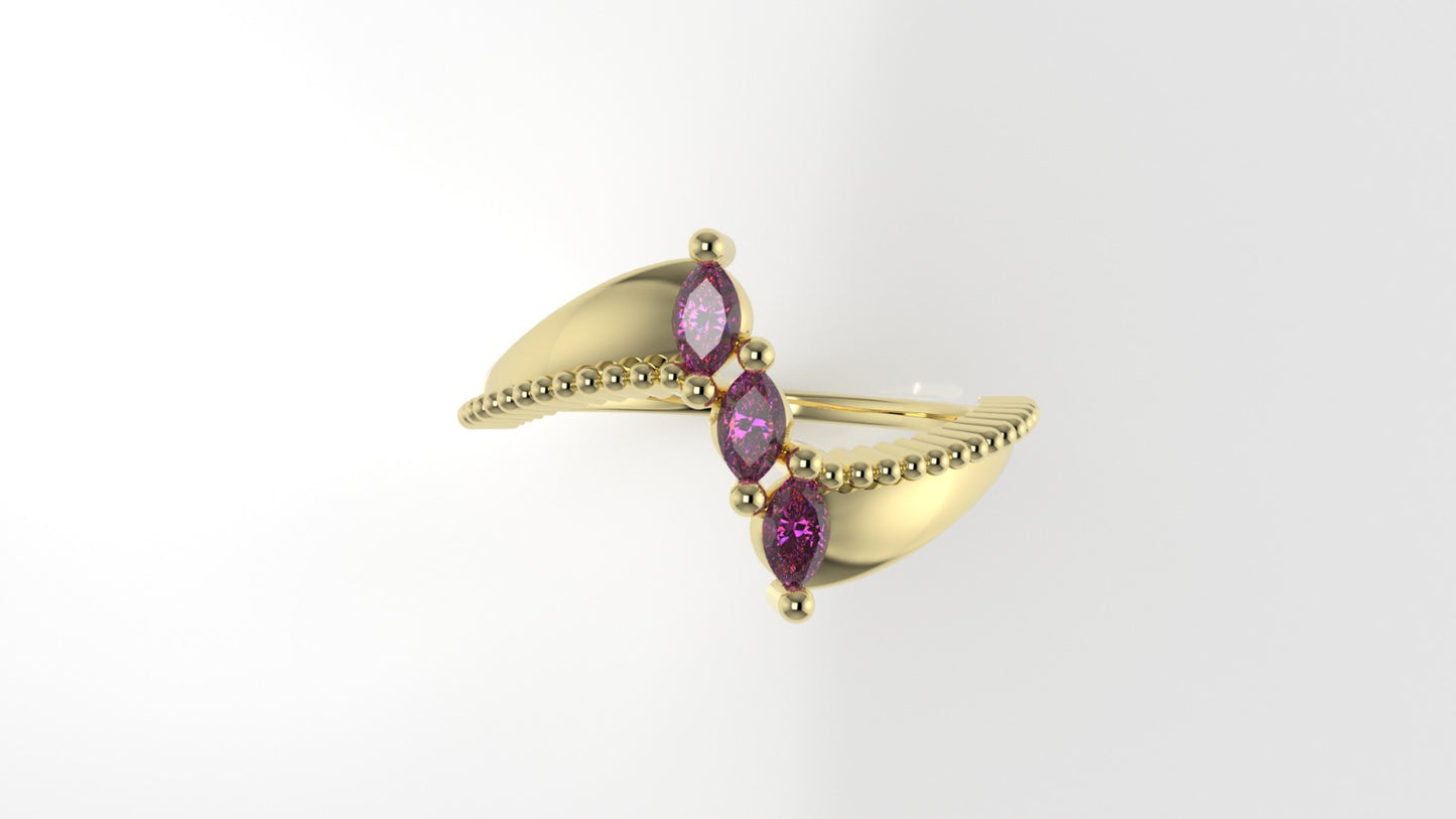 14K Ring with 3 MARQUISE TOURMALINE, FILIGREE, Stt: Prong