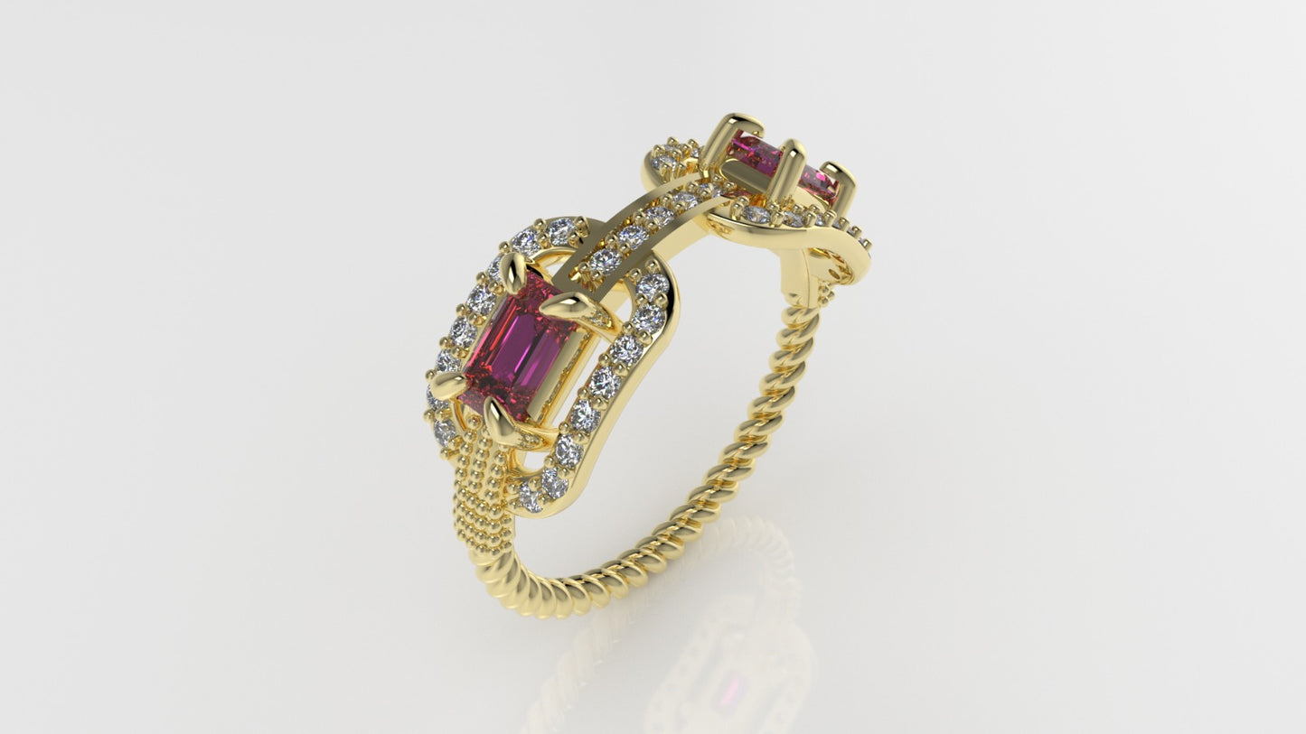 14K Ring with 37 DIAMONDS and 2 TOURMALINE, "FILIGREE", STT PRONG, Rope Style, Cut Chanel