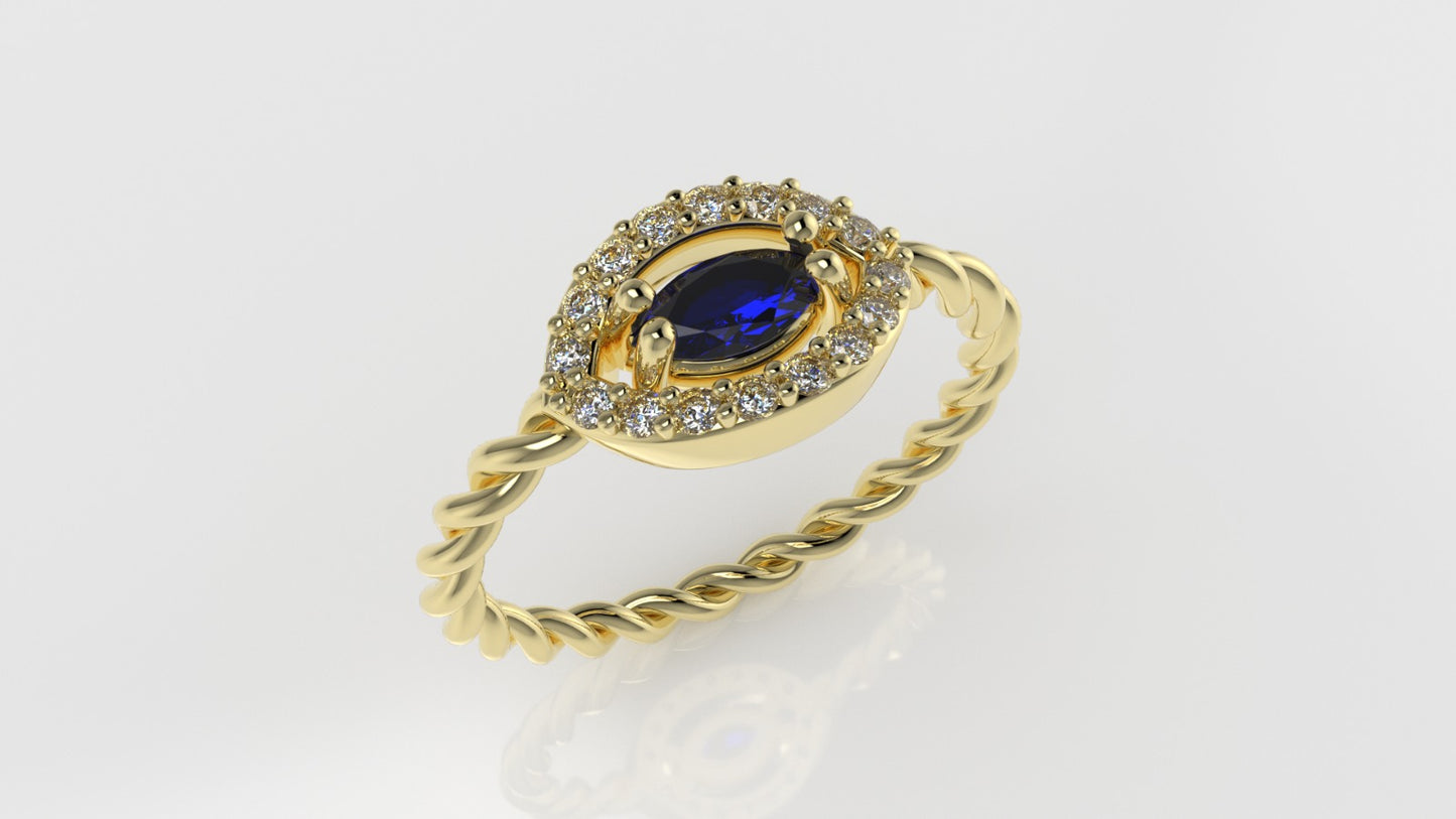 14K Ring with 1 SAPPHIRE and 16 DIAMONDS VS1, STT PRONG, Rope Style