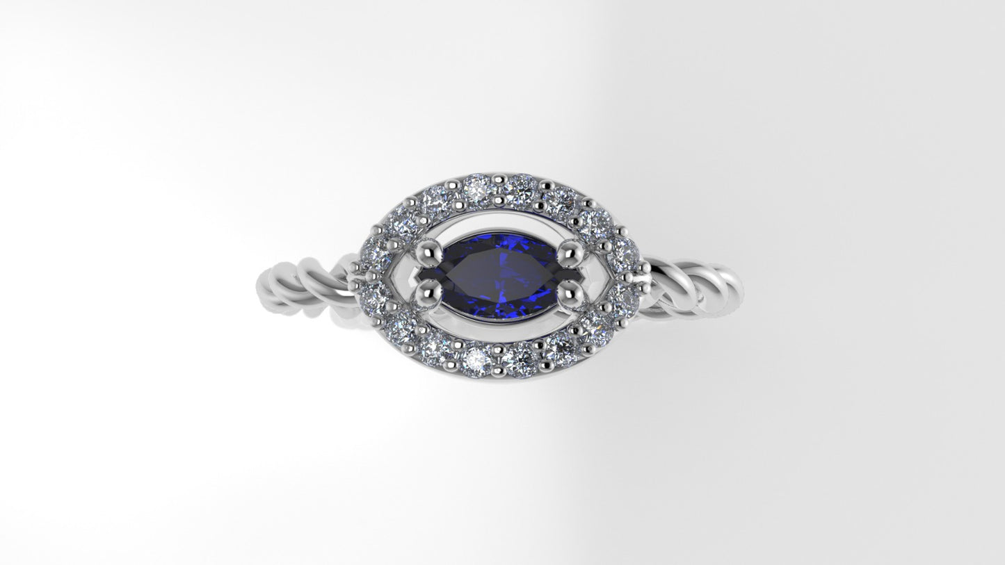 14K Ring with 1 SAPPHIRE and 16 DIAMONDS VS1, STT PRONG, Rope Style