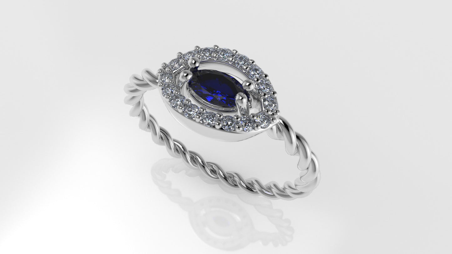 14K Ring with 1 SAPPHIRE and 16 DIAMONDS VS1, STT PRONG, Rope Style