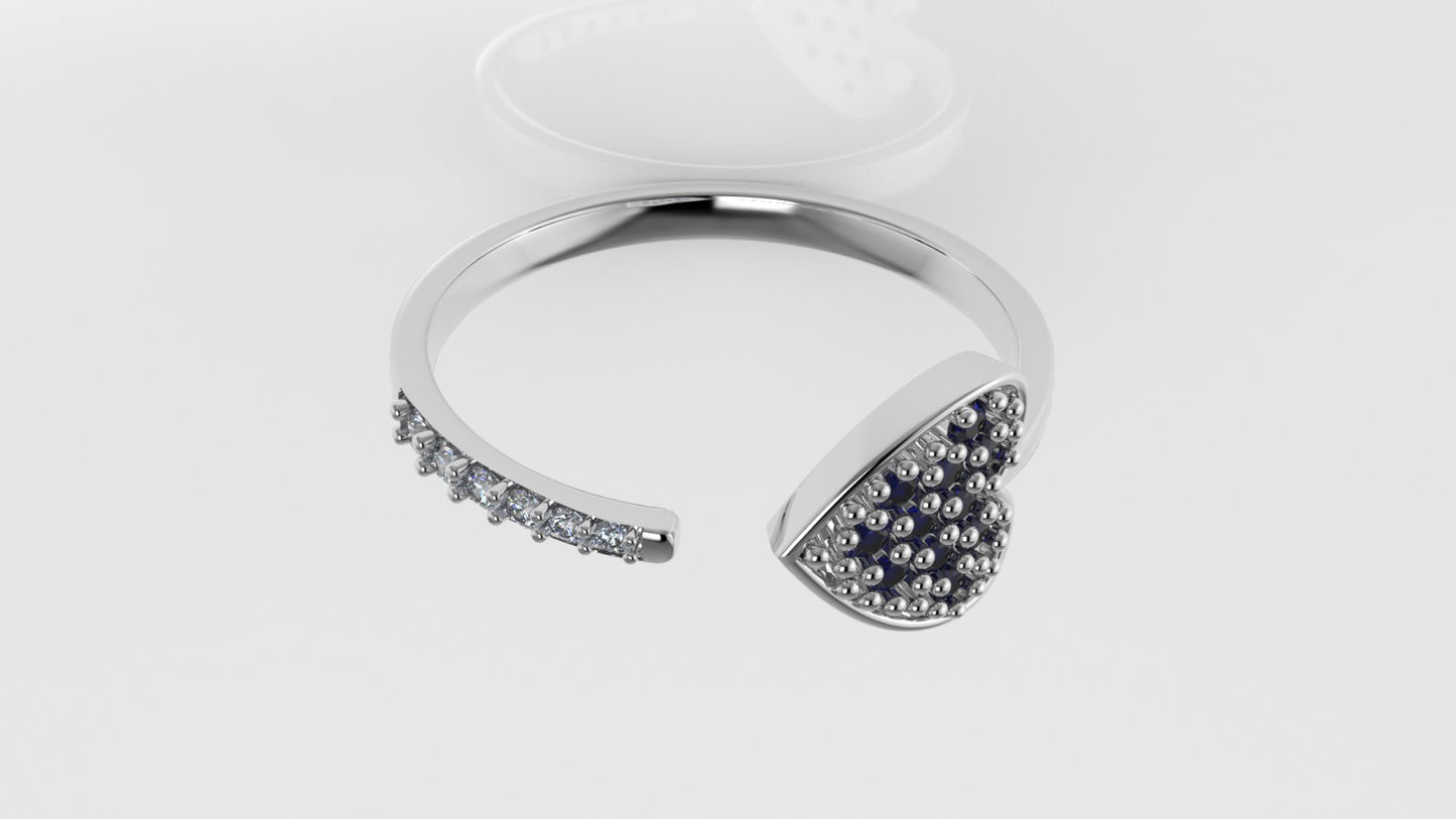 14K Ring with 11 SAPPHIRE and 6 DIAMONDS VS1, "FILIGREE", STT PRONG, Heart