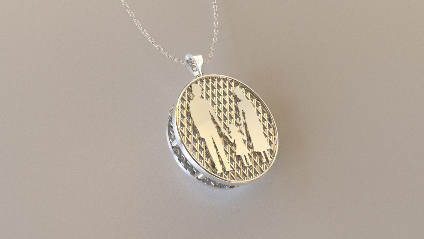 14K Gold Pendant, Silhouette of Mother, Father and Daughter holding hands