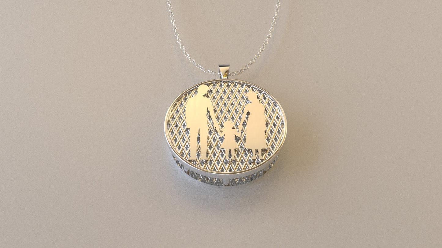 14K Gold Pendant, Silhouette of Mother, Father and Daughter holding hands