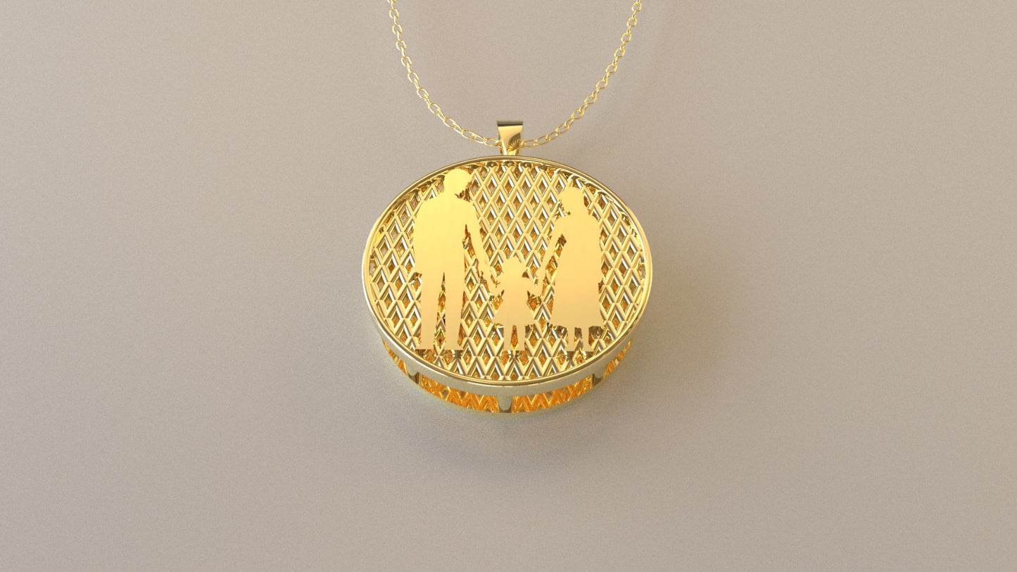 14K Gold Pendant, Silhouette of Mother, Father and Daughter holding hands