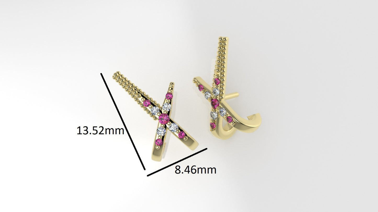 14k Earrings with 18 Stones, "Cut Prong", "X Style"