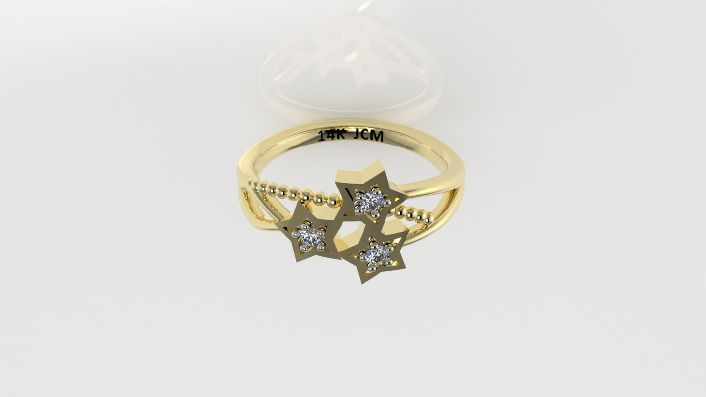 14K Band Ring with 3 DIAMONDS, Stt: Prong, Filigree, Star Style