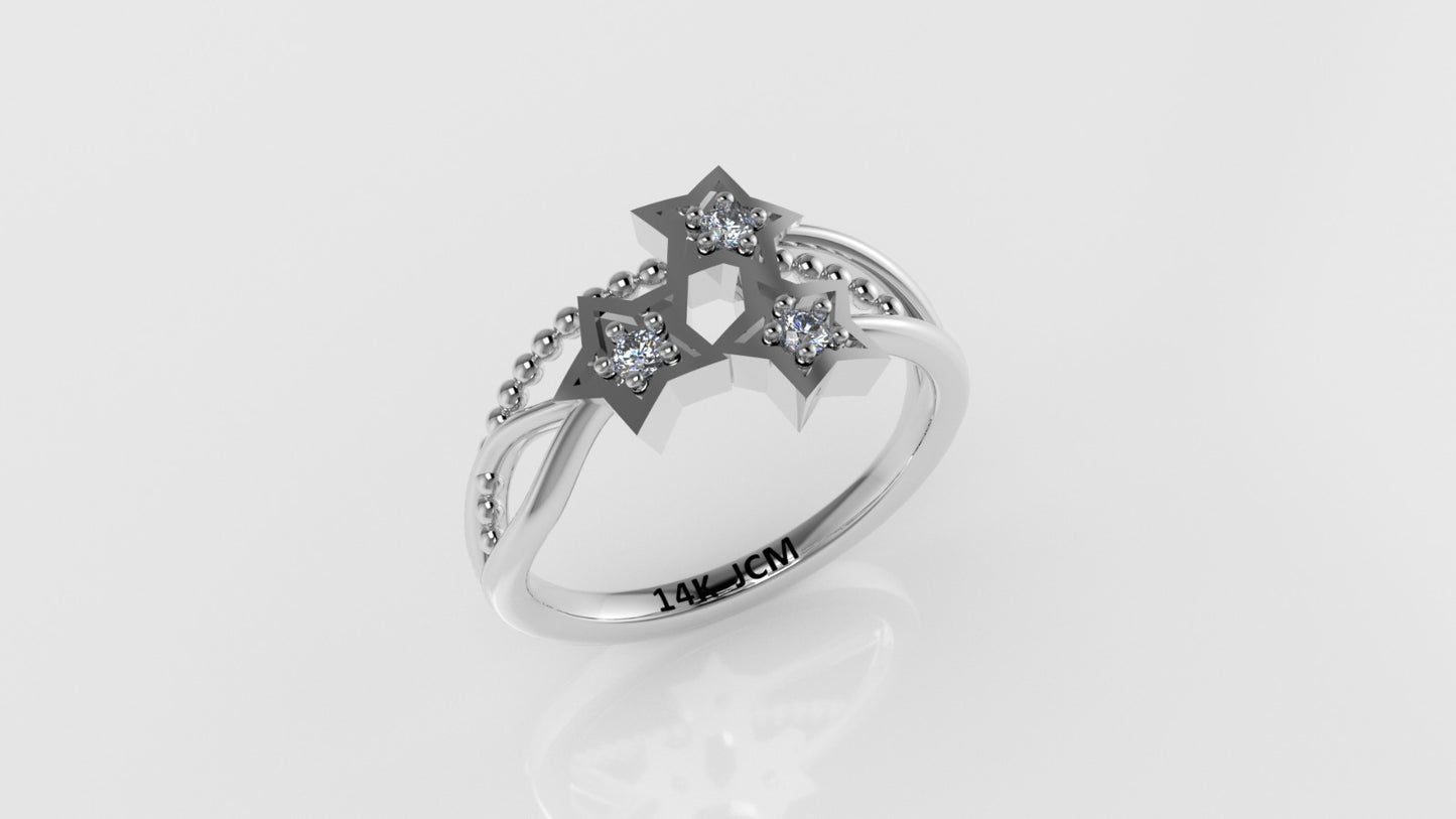 14K Band Ring with 3 DIAMONDS, Stt: Prong, Filigree, Star Style