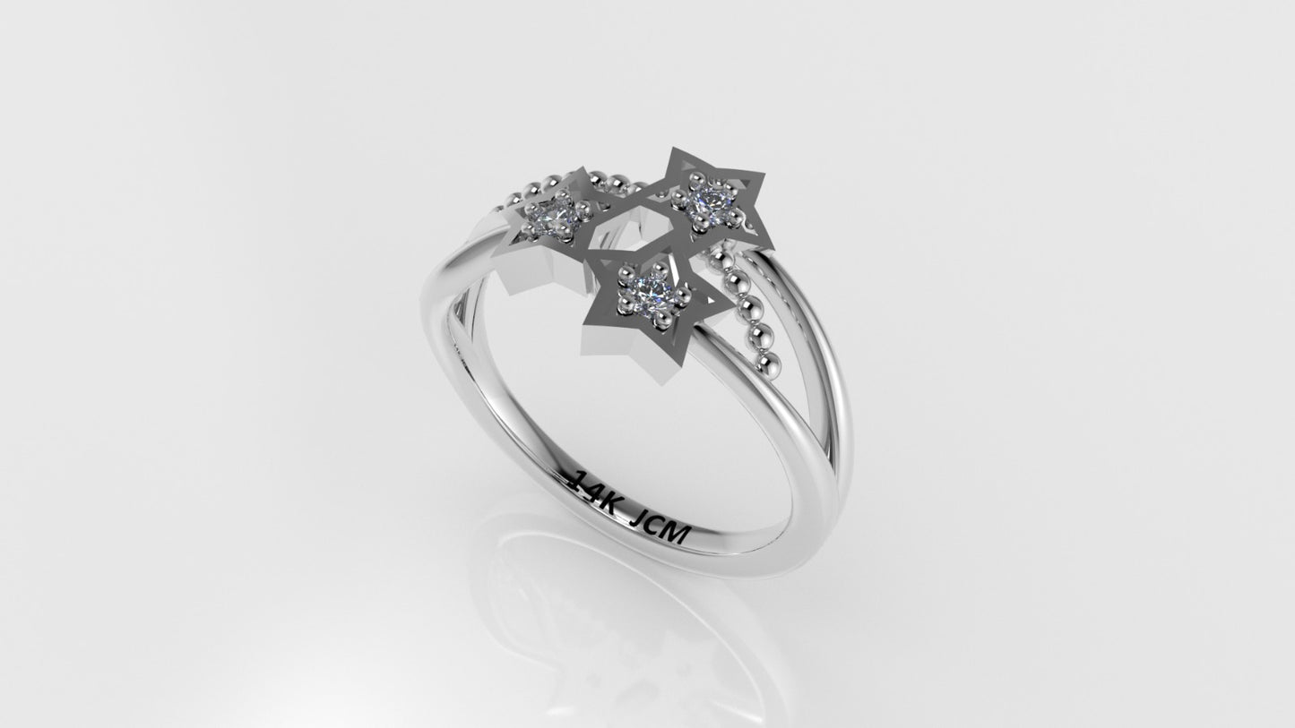 14K Band Ring with 3 DIAMONDS, Stt: Prong, Filigree, Star Style