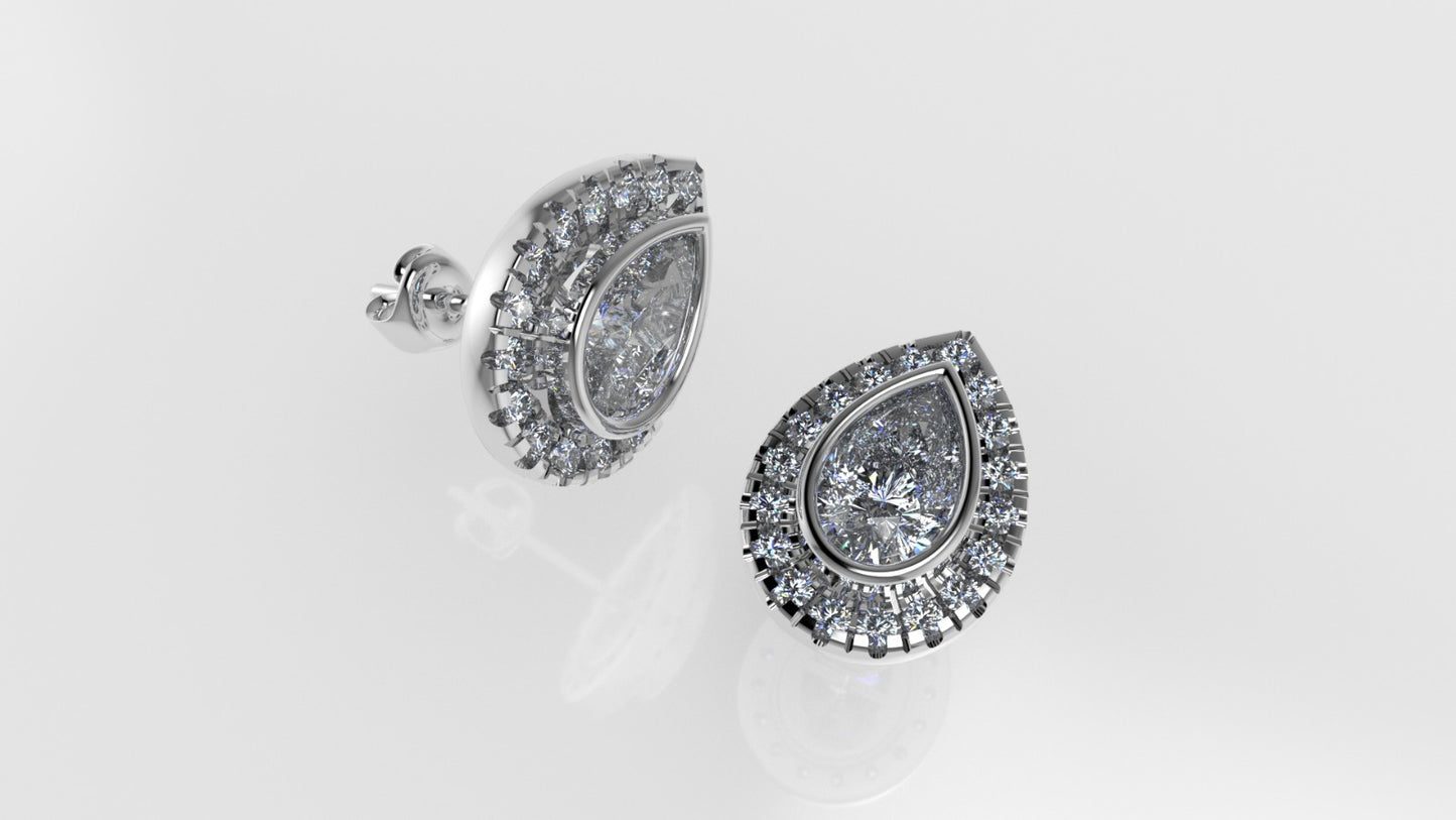 14k Gold Earrings with 38 STONES VS1, "Stt: Bezel", Cut Split, Pear Style