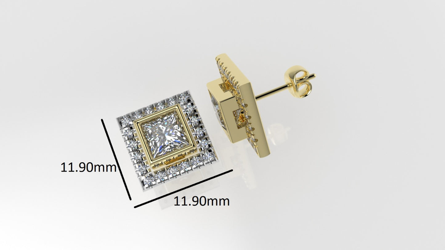 14k Gold Earrings with 42 STONES VS1, "Stt: Bezel", Cut Split, Princess Style
