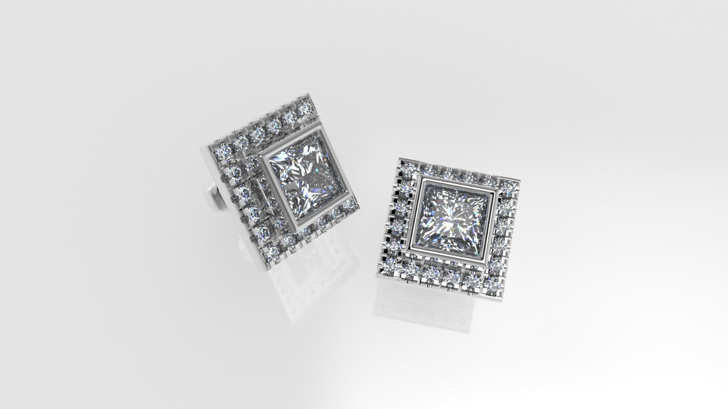 14k Gold Earrings with 42 STONES VS1, "Stt: Bezel", Cut Split, Princess Style