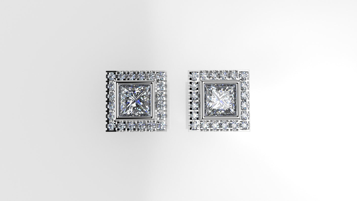 14k Gold Earrings with 42 STONES VS1, "Stt: Bezel", Cut Split, Princess Style