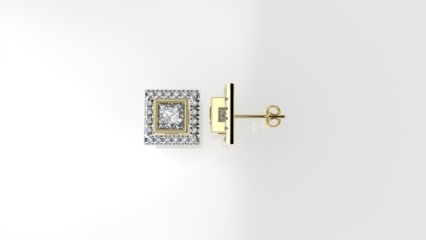 14k Gold Earrings with 42 STONES VS1, "Stt: Bezel", Cut Split, Princess Style