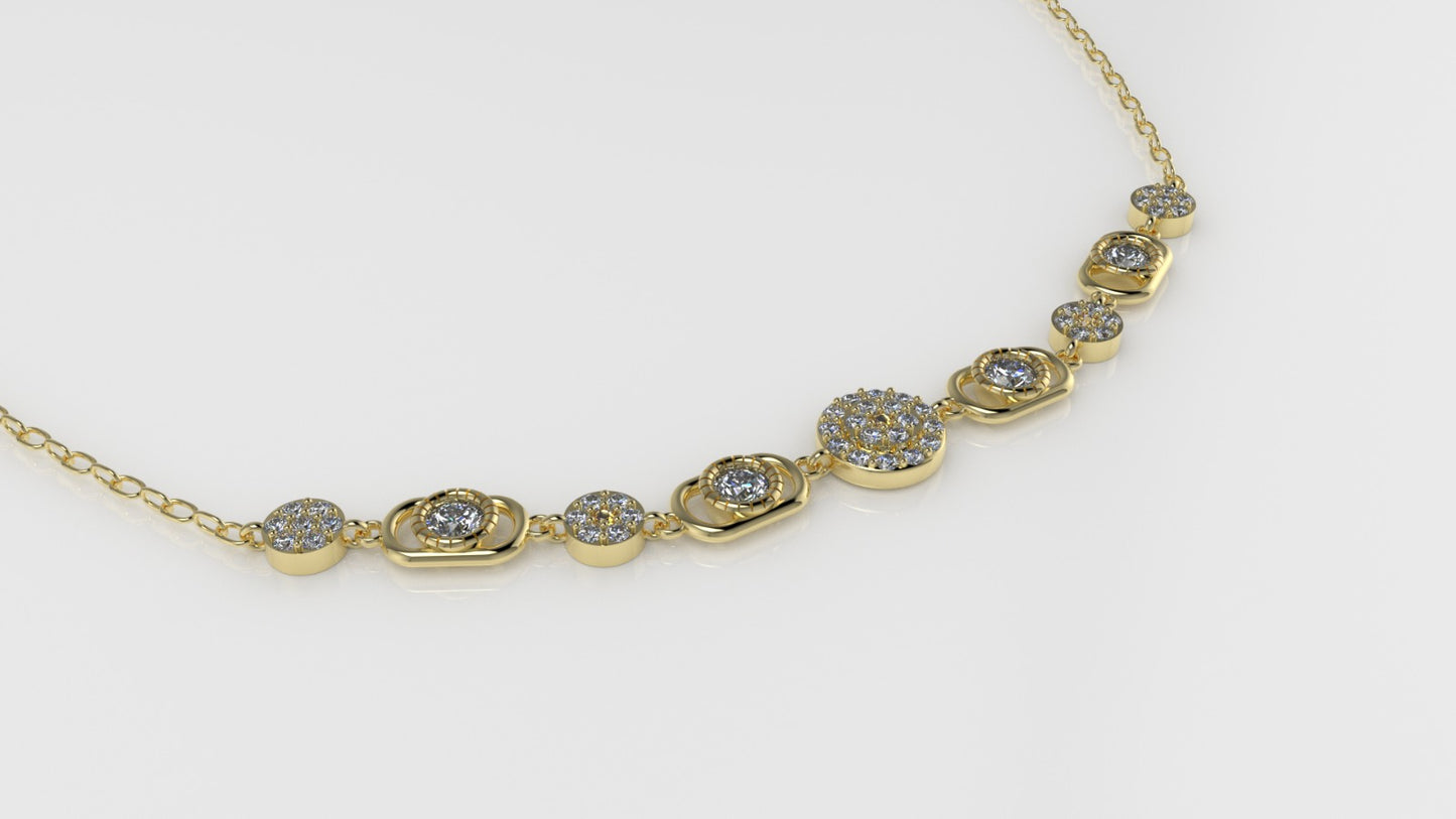 14K Necklace with 51 STONES, length is 18 inches with chain, STT: Prong and Bezel