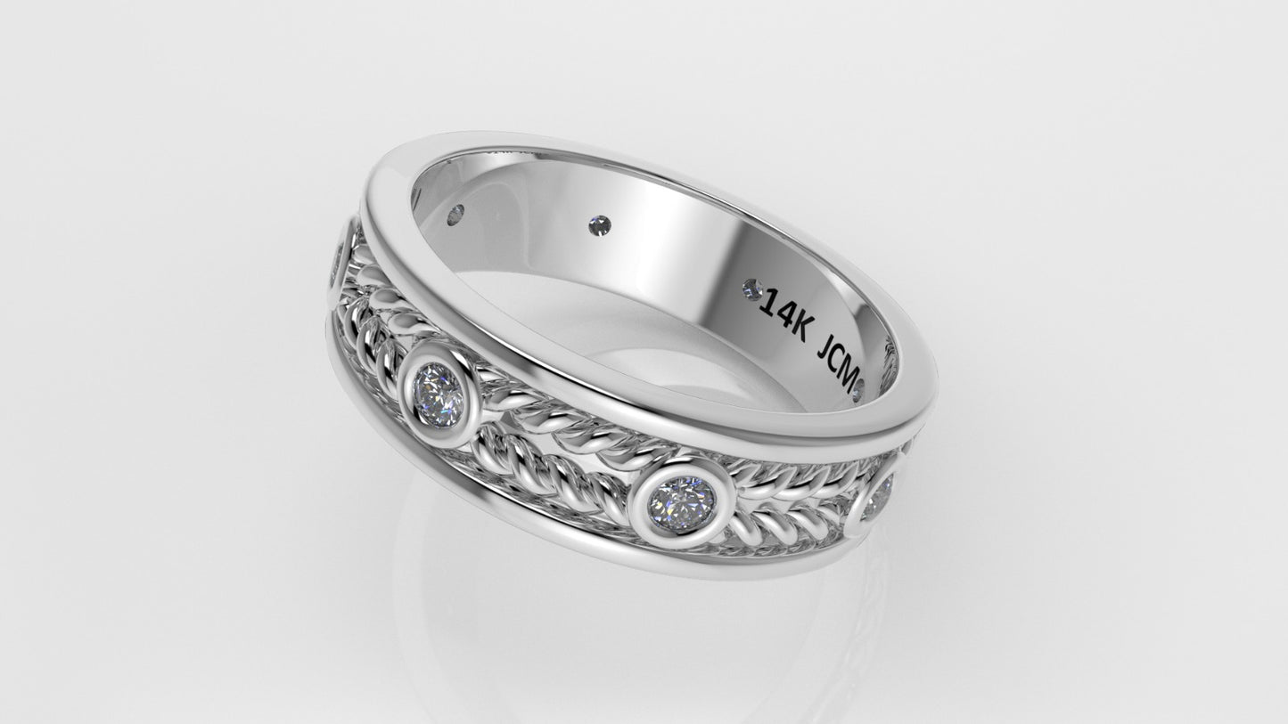 14K Ring with 8 MOISSANITE, Stt: Bezel, Rope, For Men