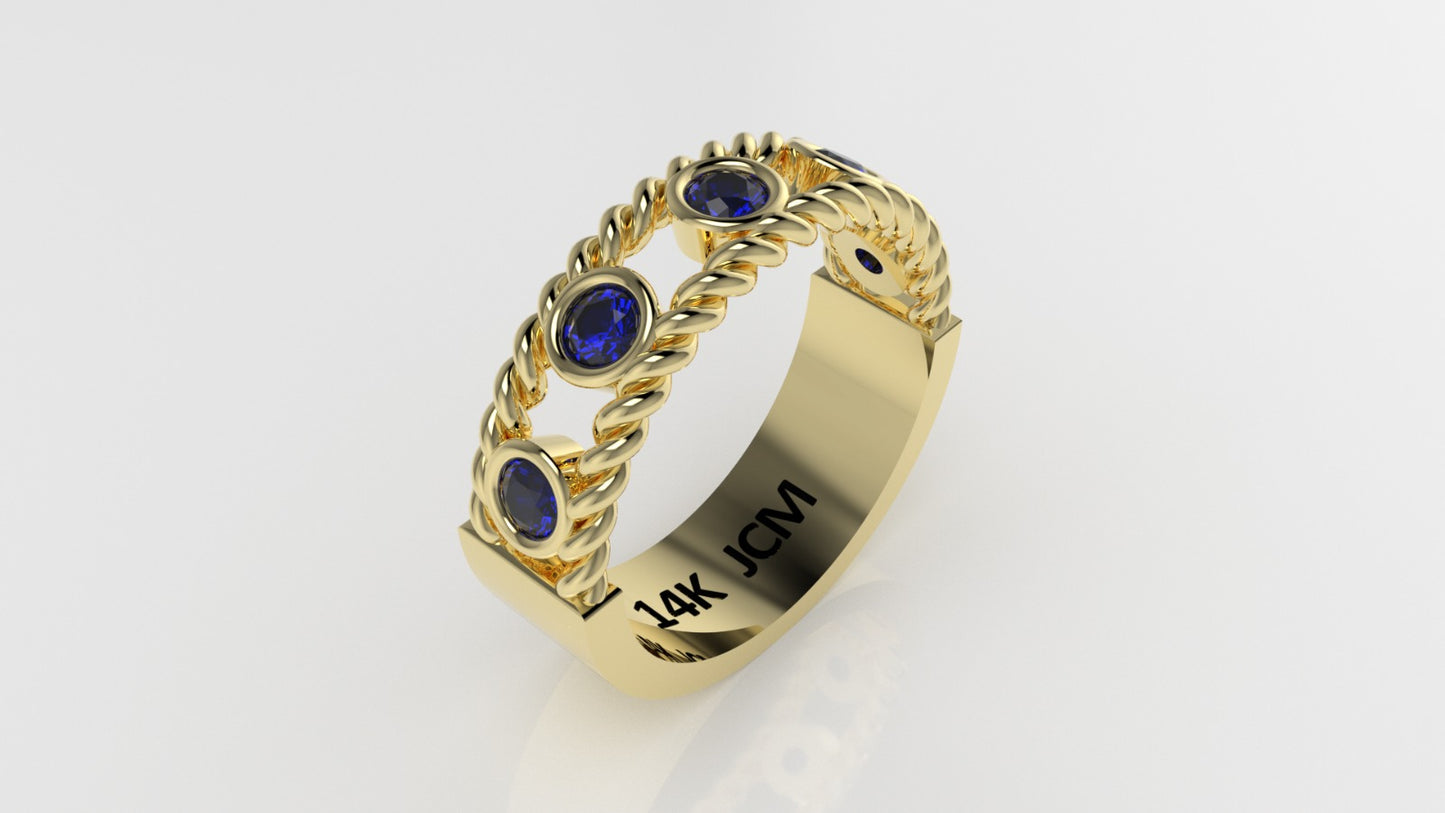 14K Ring with 5 SAPPHIRE, Stt: Bezel, Rope, For Men
