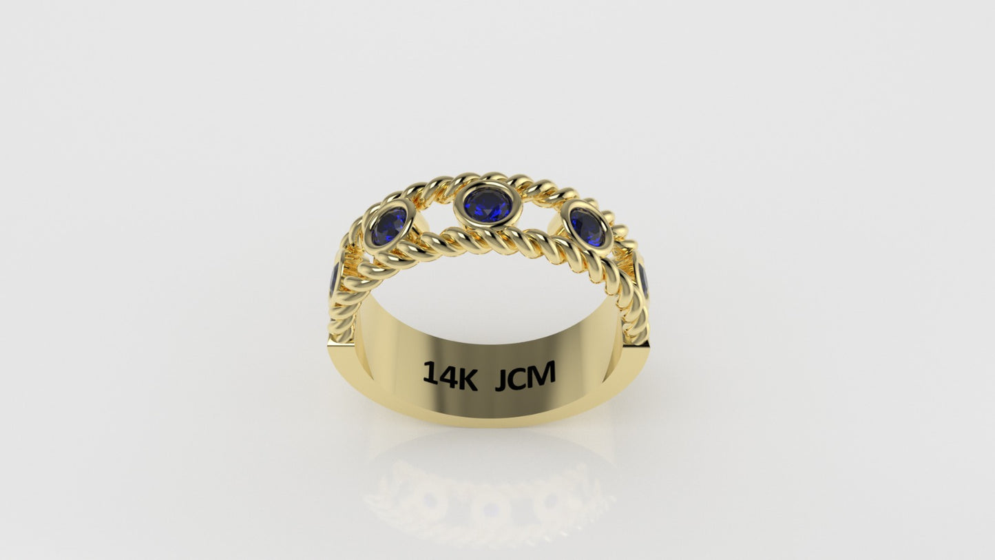 14K Ring with 5 SAPPHIRE, Stt: Bezel, Rope, For Men