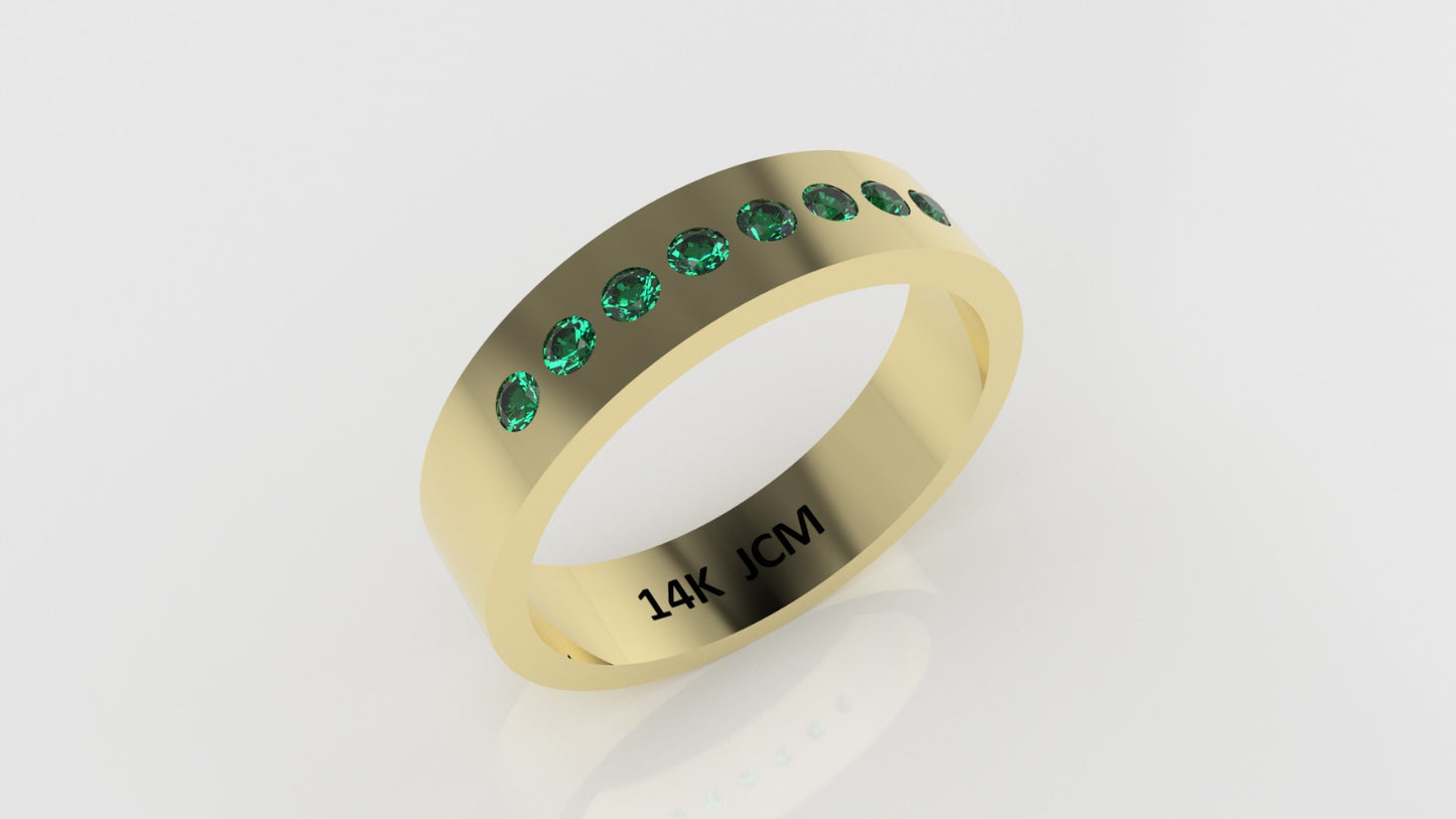 14K Gold Band Ring with 8 EMERALDS, Stt: Bezel, For Men