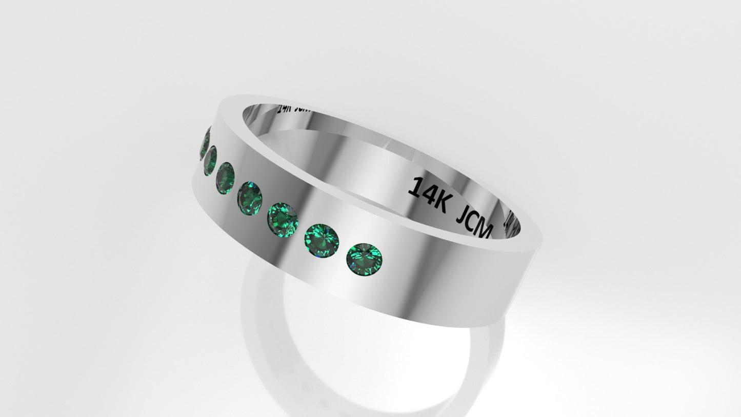 14K Gold Band Ring with 8 EMERALDS, Stt: Bezel, For Men