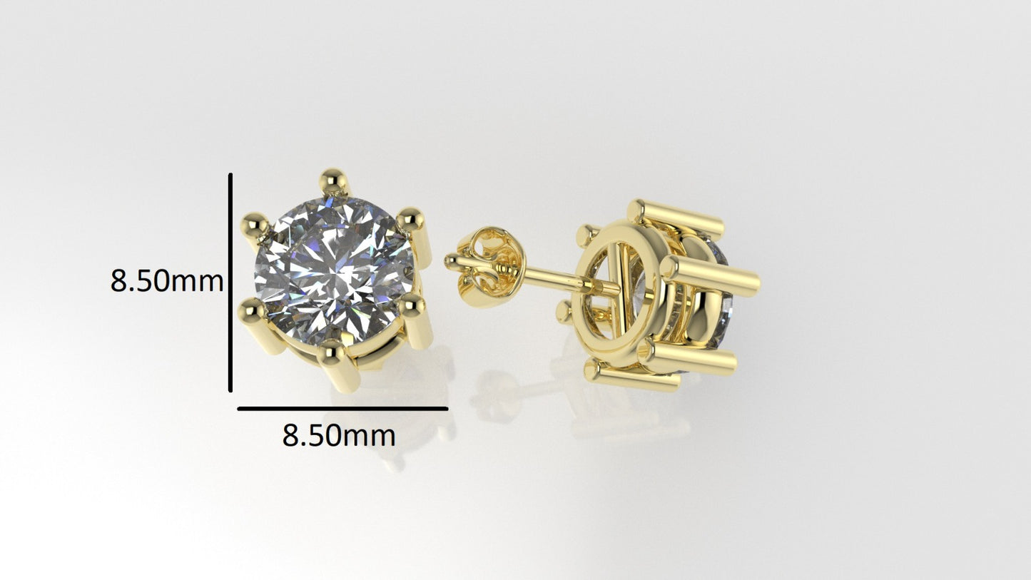 14k Gold Earrings with 2 DIAMONDS 2.00ct VS1 , "STT: 6-Prong", Push Back