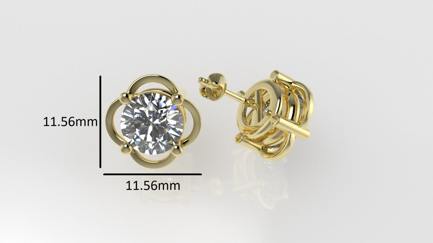 14k Earrings with 2 DIAMONDS 3.00ct VS1, "STT: 4-Prong", Style Flower, Push Back
