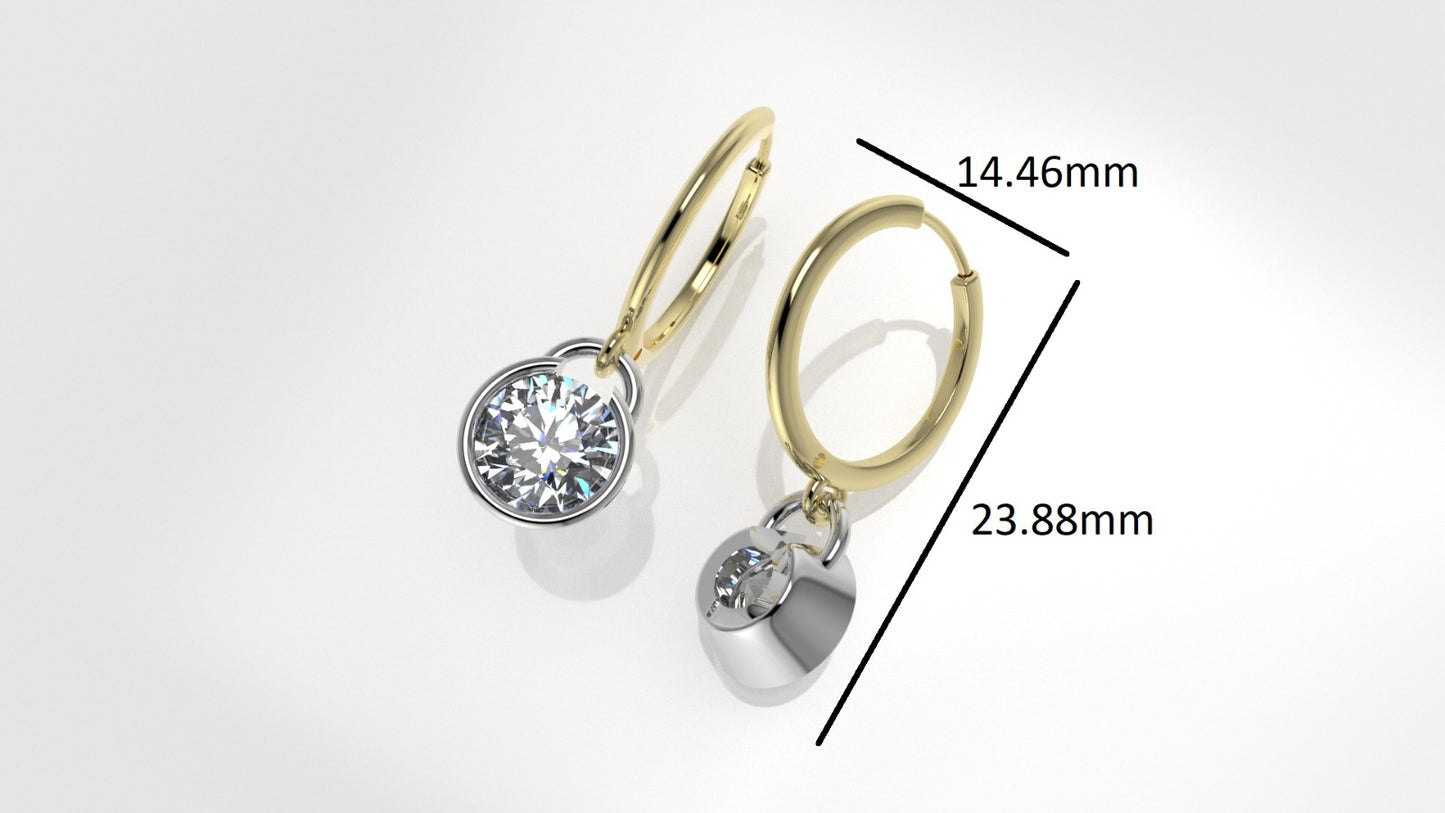 14k Gold Earrings with 2 DIAMONDS 2ct, "STT: Prong", Padlock Style
