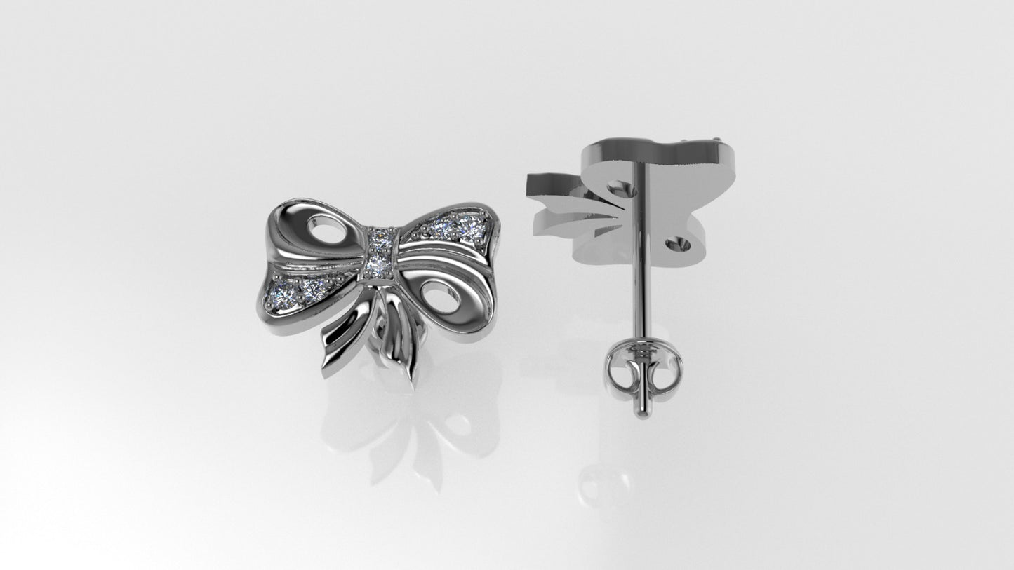 14k Gold Earrings with 12 DIAMONDS, "STT: Prong", Push Back, Bow Style