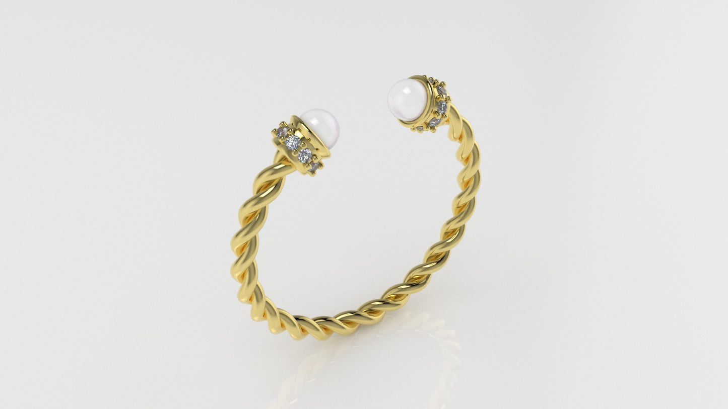 14K Gold Ring with Pearl and Diamonds, STT: Prong, Rope