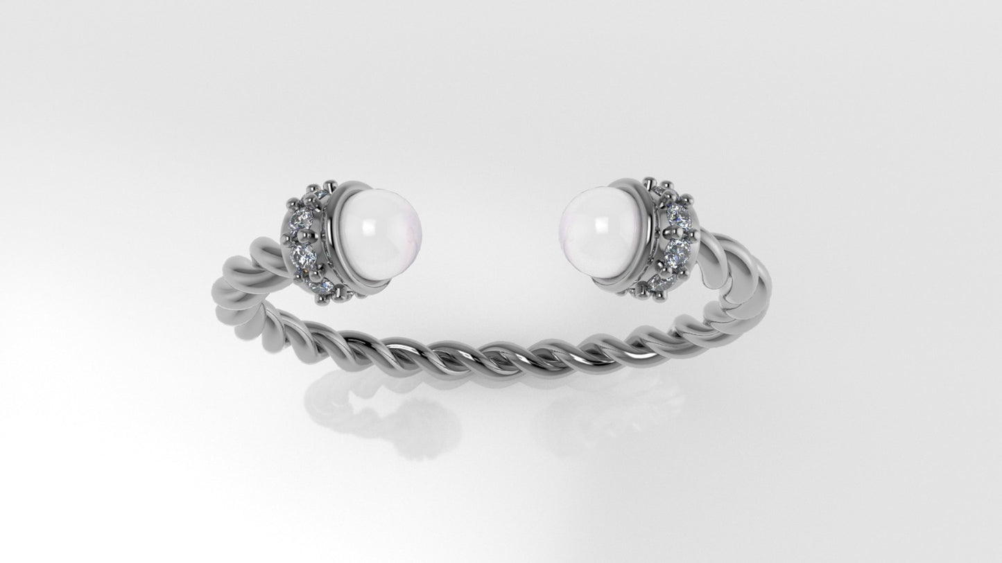 14K Gold Ring with Pearl and Diamonds, STT: Prong, Rope
