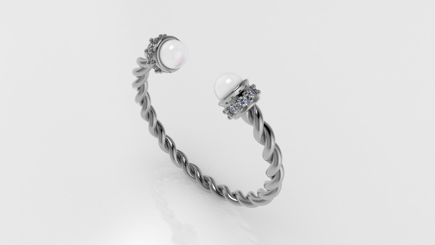 14K Gold Ring with Pearl and Diamonds, STT: Prong, Rope