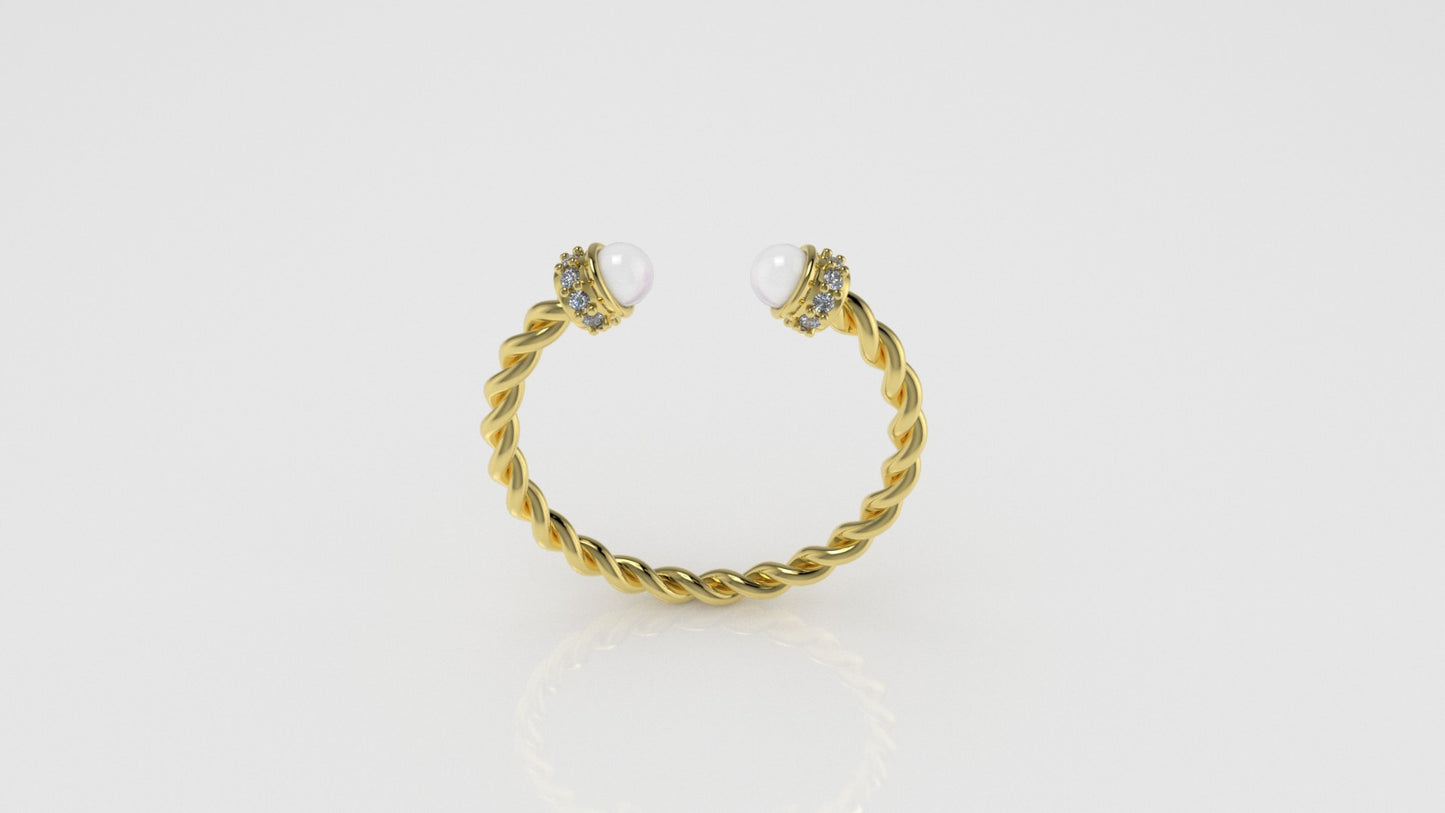 14K Gold Ring with Pearl and Diamonds, STT: Prong, Rope