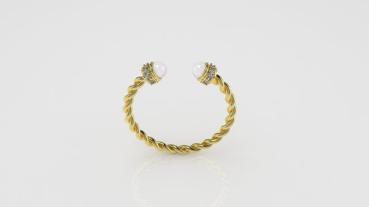 14K Gold Ring with Pearl and Diamonds, STT: Prong, Rope