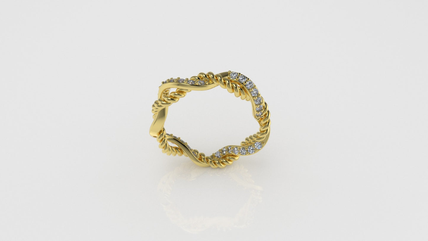 14K Gold Ring with 30 Diamonds, STT: Prong, Rope Style
