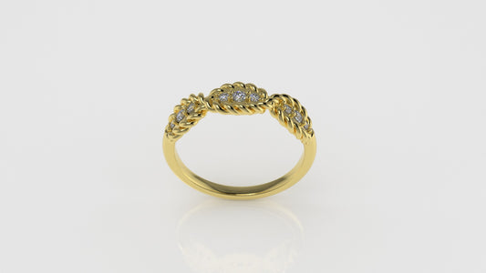 14K Ring with 9 Diamonds, STT: Prong, Rope