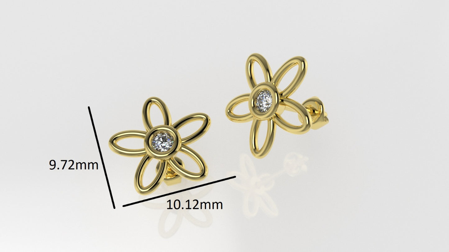 14k Gold Earrings with 2 DIAMONDS, "STT: Bezel", Push Back, Star Style