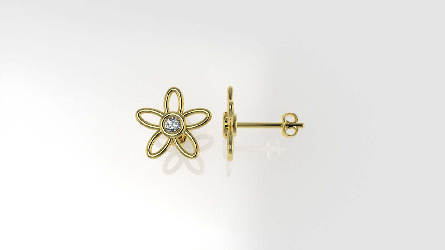 14k Gold Earrings with 2 DIAMONDS, "STT: Bezel", Push Back, Star Style