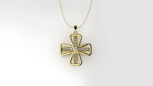 14K Gold Pendant with 18 Diamonds, STT: Prongs, Cut Chanel, Cross Style