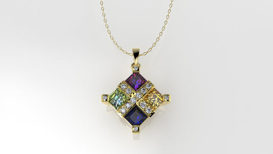 14K Gold Pendant with 18 Color Stones, STT: Prong and Bezel, Princess Style, Cut Chanel, Only Pendant