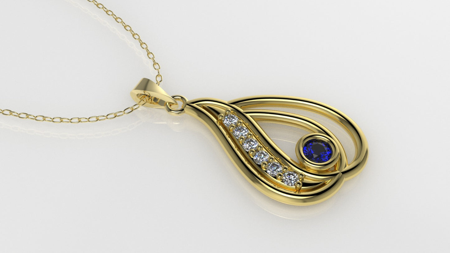 14K Gold Pendant with 7 STONES, STT: Prongs and Bezel, Only Pendant, Drop-Shaped Style