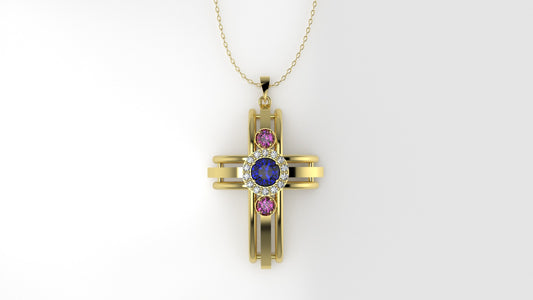 14K Gold Pendant with 17 Stones, STT: Prong, Cross Style, Only Pendant