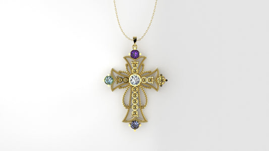14K Gold Pendant with 5 Stones, STT: 4-Prong, Cross Style, FILIGREE, Only Pendant