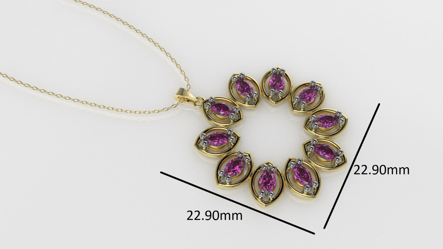 14K Gold Pendant with 10 PINK MARQUISE TOURMALINE, STT: 2-Prong, Circle Style, Only Pendant