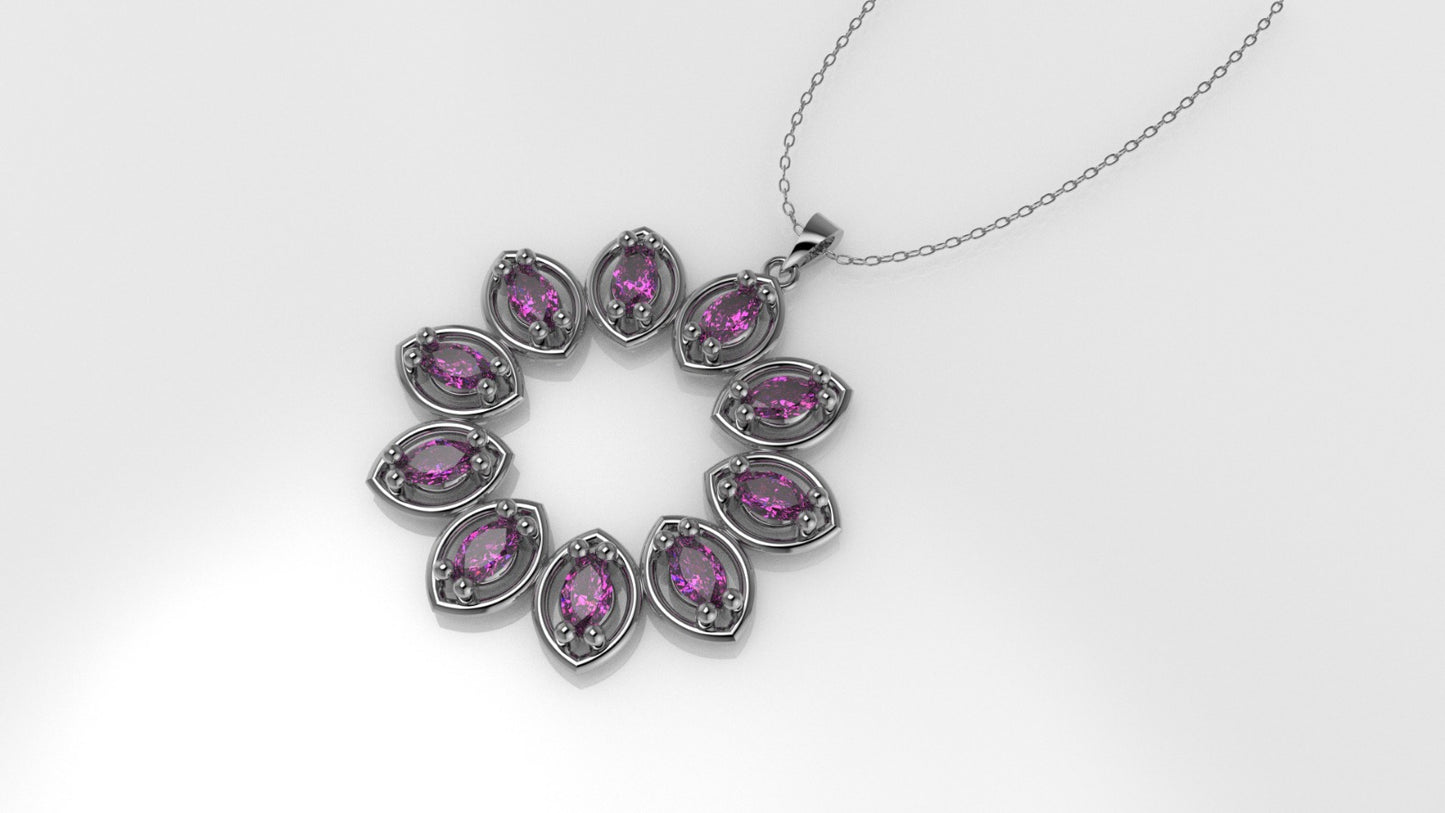 14K Gold Pendant with 10 PINK MARQUISE TOURMALINE, STT: 2-Prong, Circle Style, Only Pendant