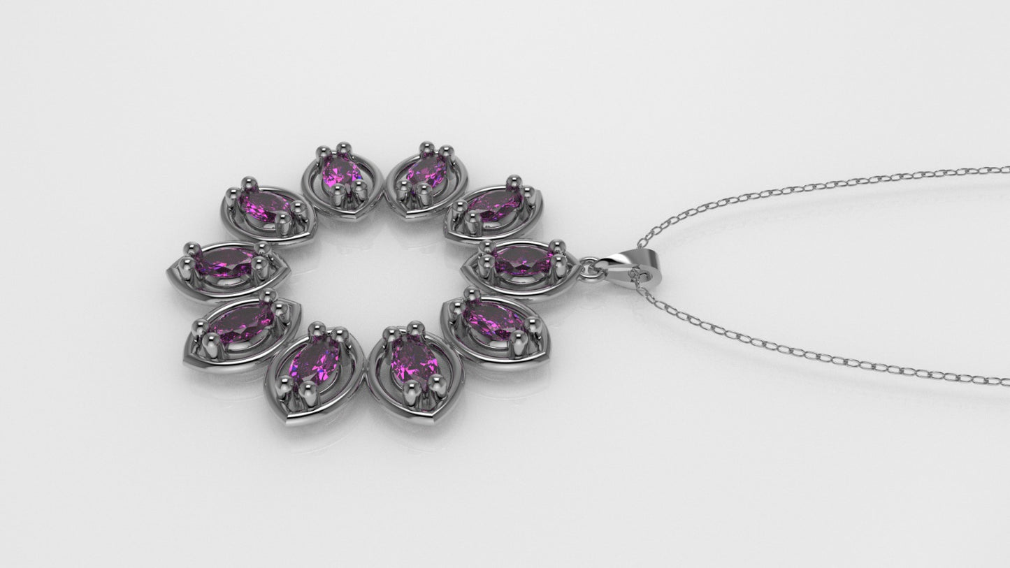14K Gold Pendant with 10 PINK MARQUISE TOURMALINE, STT: 2-Prong, Circle Style, Only Pendant