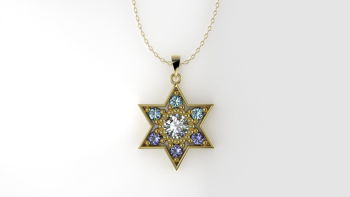 14K Gold Pendant with 7 STONE, STT: 3-Prong and Bezel, Only Pendant