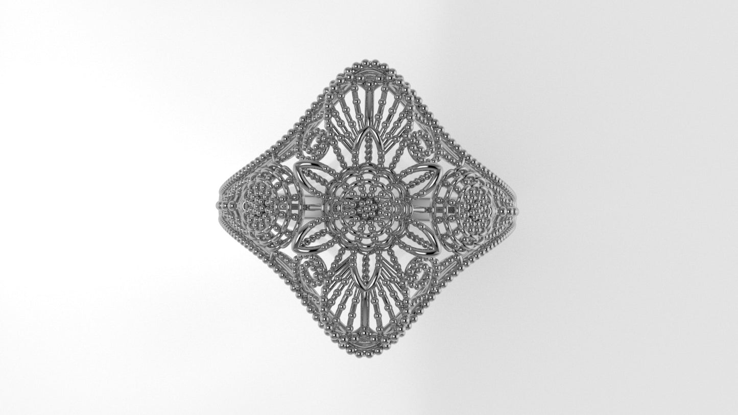 14K Gold Ring with Filigree, Flower Style