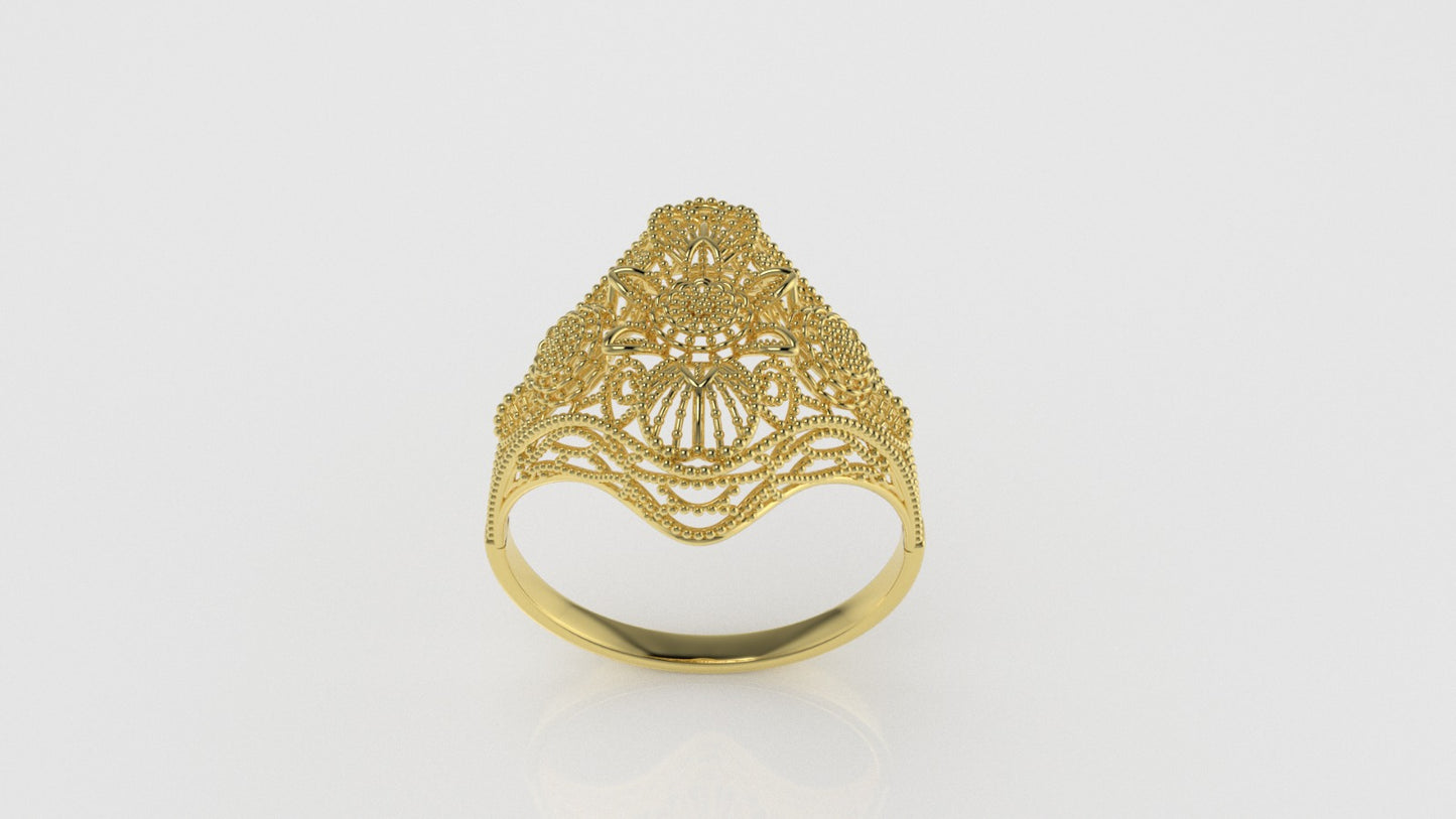 14K Gold Ring with Filigree, Flower Style