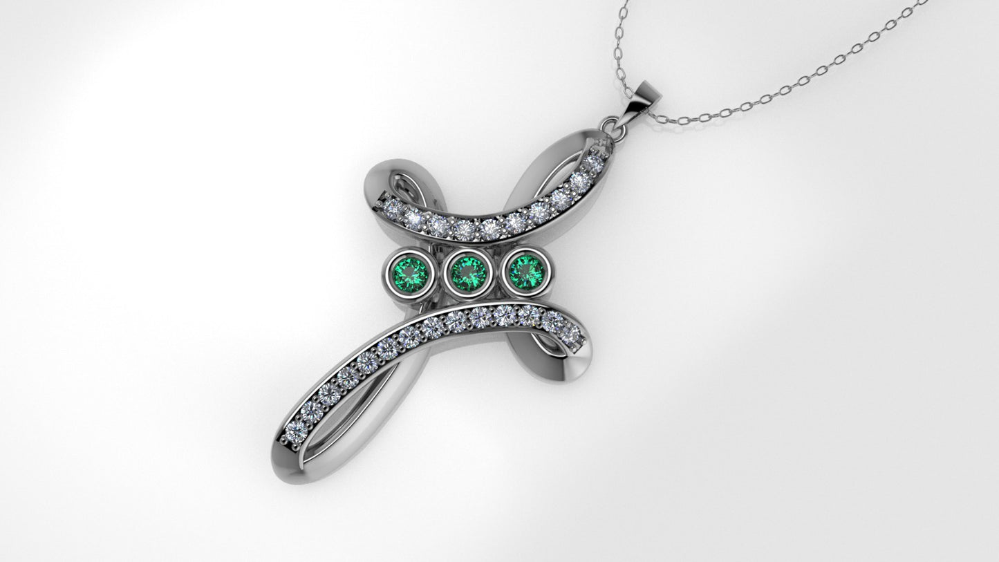 14K Gold Pendant with 27 Stones, STT: Prong and Bezel, Only Pendant, Cross Style, Cut Chanel